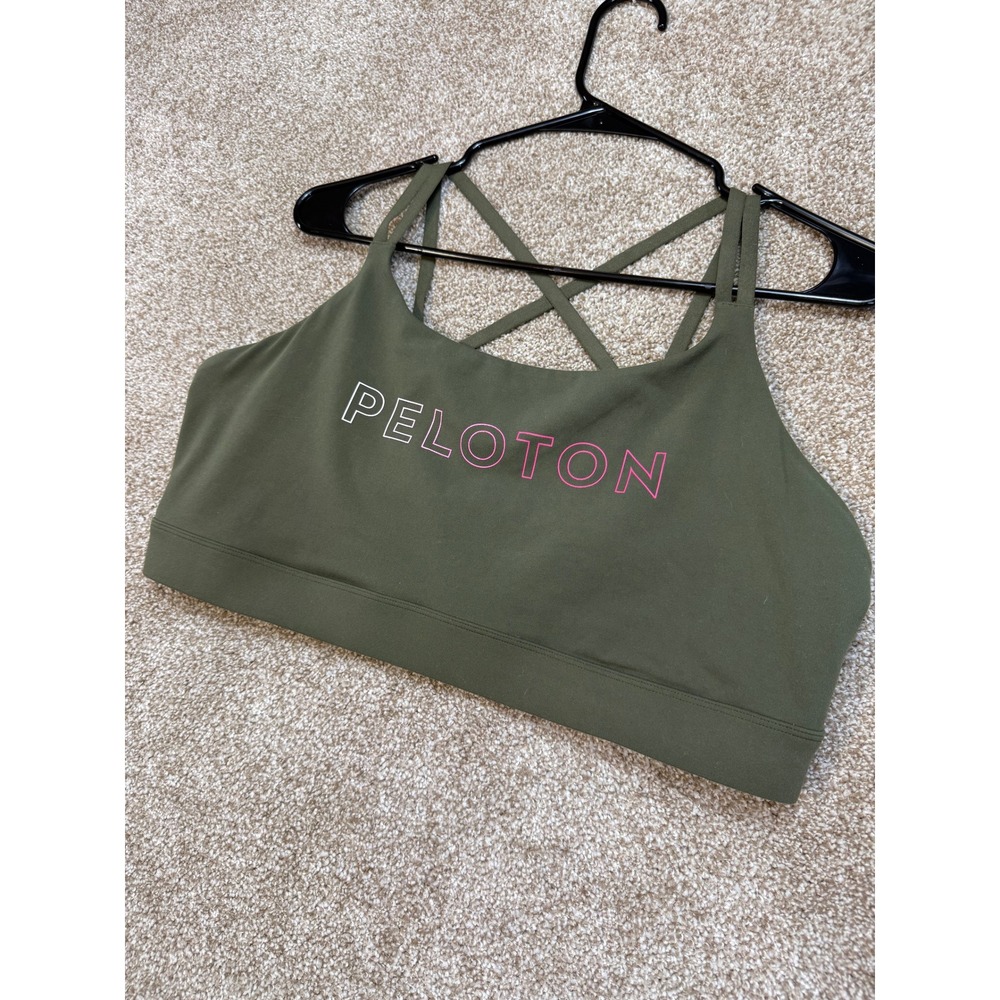 Peloton‎ Womens 2X Olive Green Strappy Back Logo Sports Bra Athletic Top